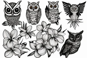 A screech owl with plumeria and orchids tattoo idea