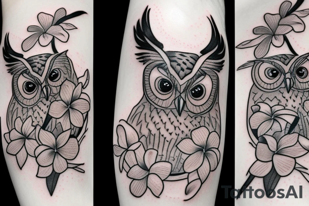 A screech owl with plumeria and orchids tattoo idea