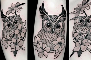 A screech owl with plumeria and orchids tattoo idea