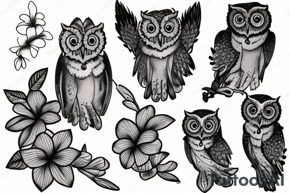 A screech owl with plumeria and orchids tattoo idea