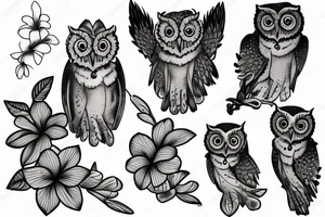 A screech owl with plumeria and orchids tattoo idea