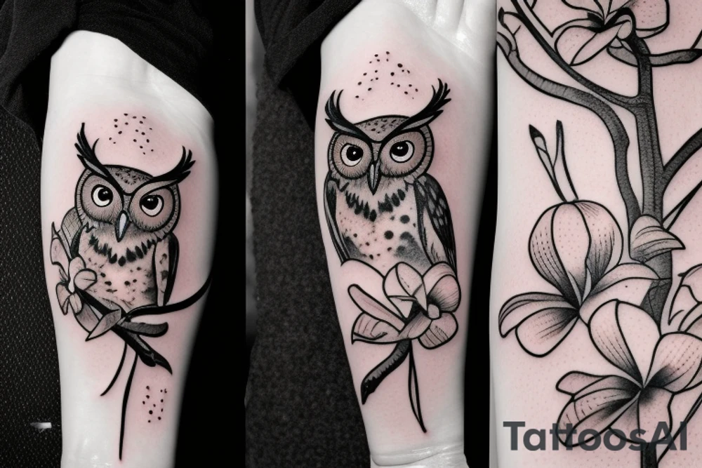 A screech owl with plumeria and orchids tattoo idea