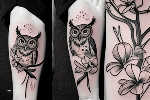 A screech owl with plumeria and orchids tattoo idea