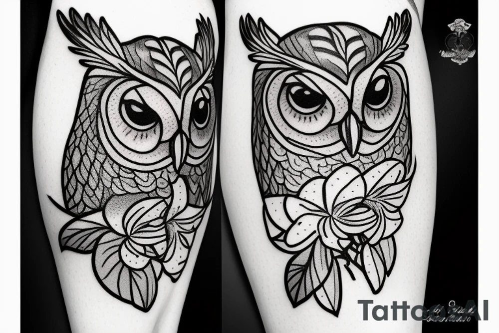 A screech owl with plumeria and orchids tattoo idea A screech owl with plumeria and orchids tattoo idea