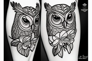 A screech owl with plumeria and orchids tattoo idea