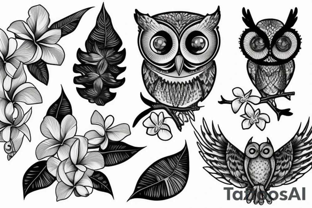 A screech owl with plumeria and orchids tattoo idea A screech owl with plumeria and orchids tattoo idea
