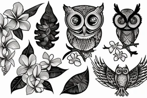 A screech owl with plumeria and orchids tattoo idea