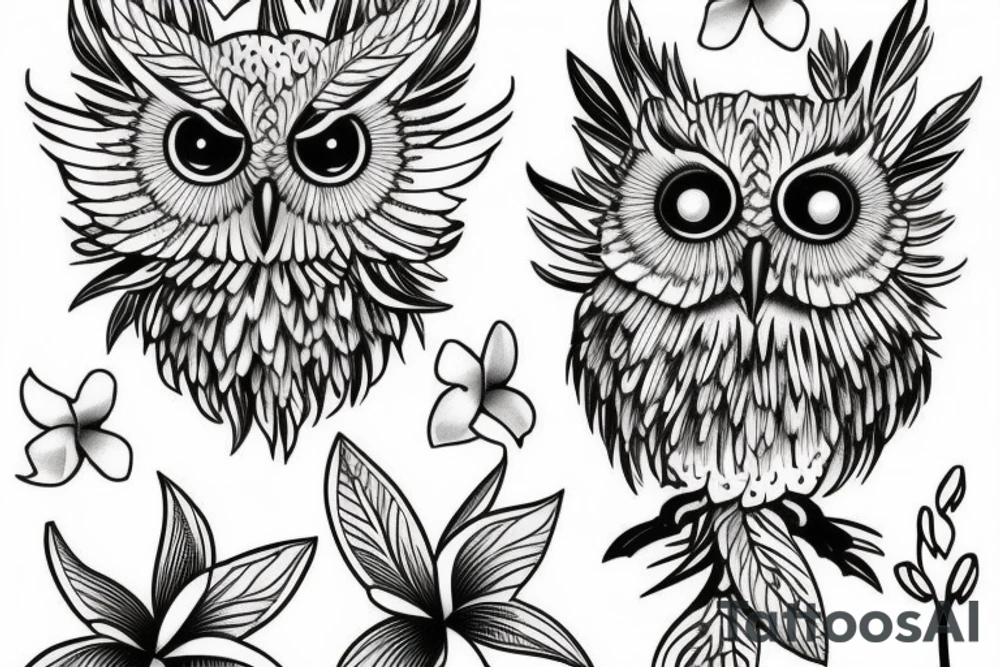A screech owl with plumeria and orchids tattoo idea