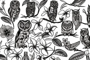 A screech owl with plumeria and orchids tattoo idea