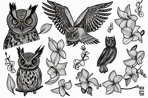 An eastern screech owl with plumeria and orchids tattoo idea