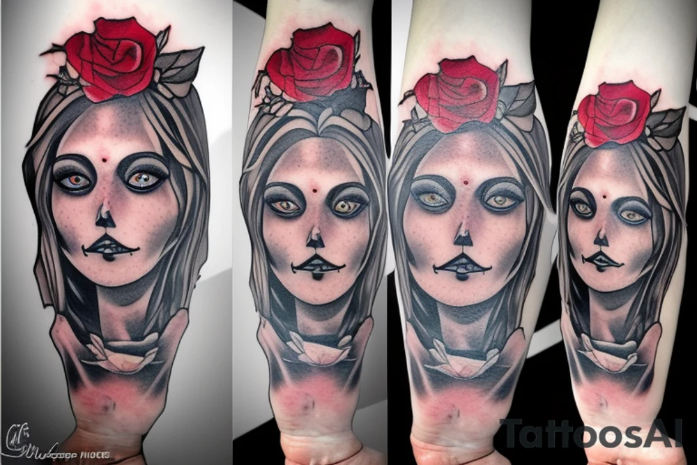 Santa Muertos beautiful blonde girl with rose in heir tattoo idea