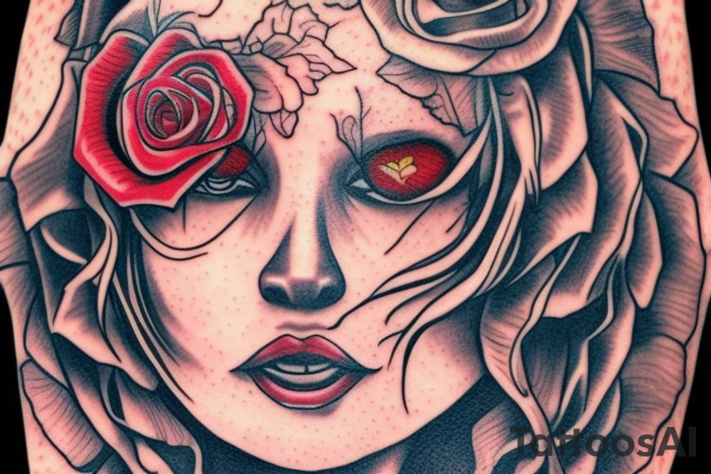 Santa Muertos beautiful blonde girl with rose in heir tattoo idea