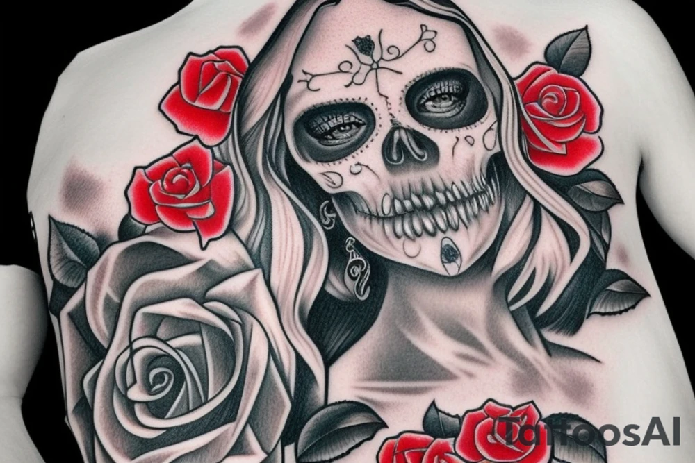 Santa Muertos beautiful blonde girl with rose in heir tattoo idea