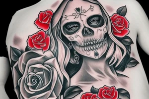 Santa Muertos beautiful blonde girl with rose in heir tattoo idea