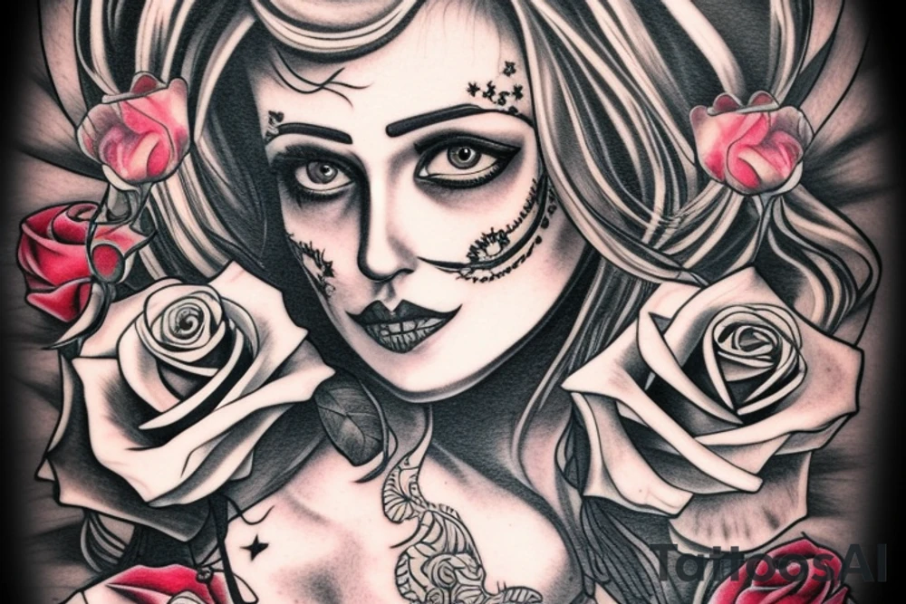 Santa Muertos beautiful blonde girl with rose in heir tattoo idea