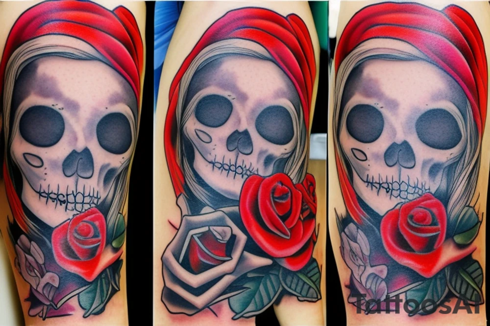 Santa Muertos beautiful blonde girl with rose in heir tattoo idea