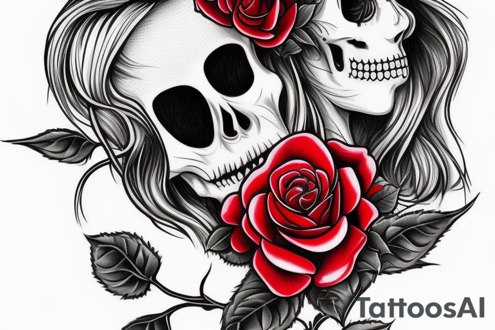 Santa Muertos beautiful blonde girl with rose in heir  and skull in hand tattoo idea