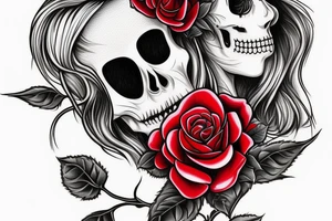 Santa Muertos beautiful blonde girl with rose in heir  and skull in hand tattoo idea