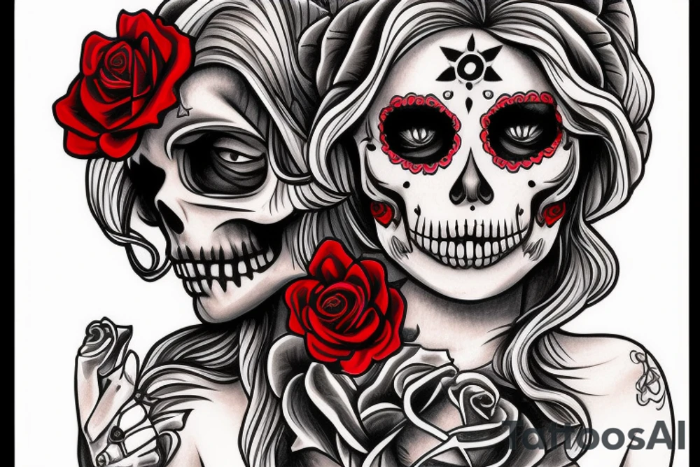 Santa Muertos beautiful blonde girl with rose in heir  and skull in hand tattoo idea