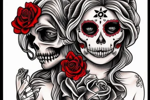 Santa Muertos beautiful blonde girl with rose in heir  and skull in hand tattoo idea