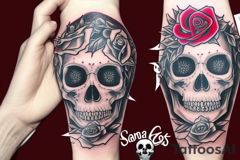 Santa Muertos beautiful blonde girl with rose in heir  and skull in hand tattoo idea