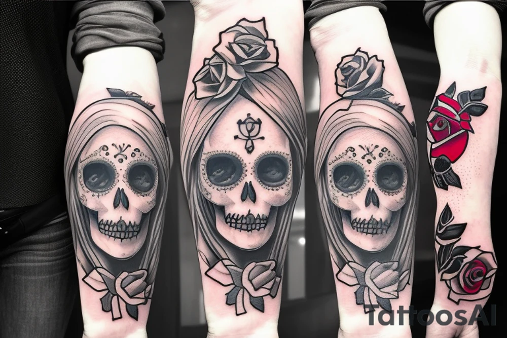 Santa Muertos beautiful blonde girl with rose in heir  and skull in hand tattoo idea