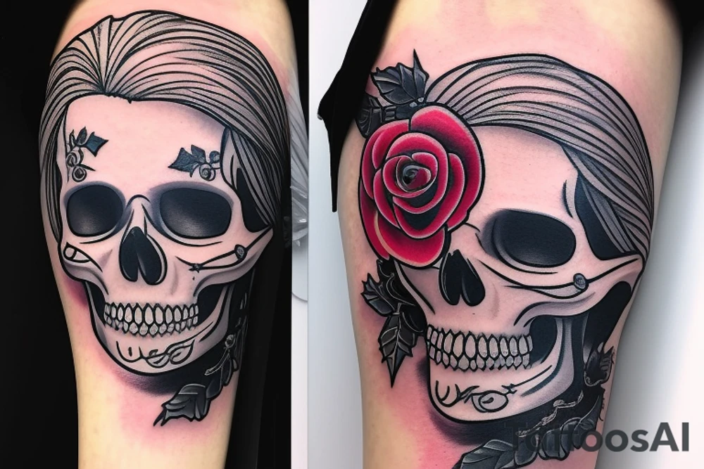 Santa Muertos beautiful blonde girl with rose in heir  and skull in hand tattoo idea