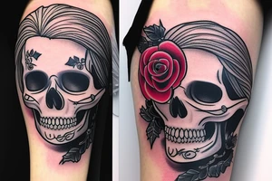 Santa Muertos beautiful blonde girl with rose in heir  and skull in hand tattoo idea