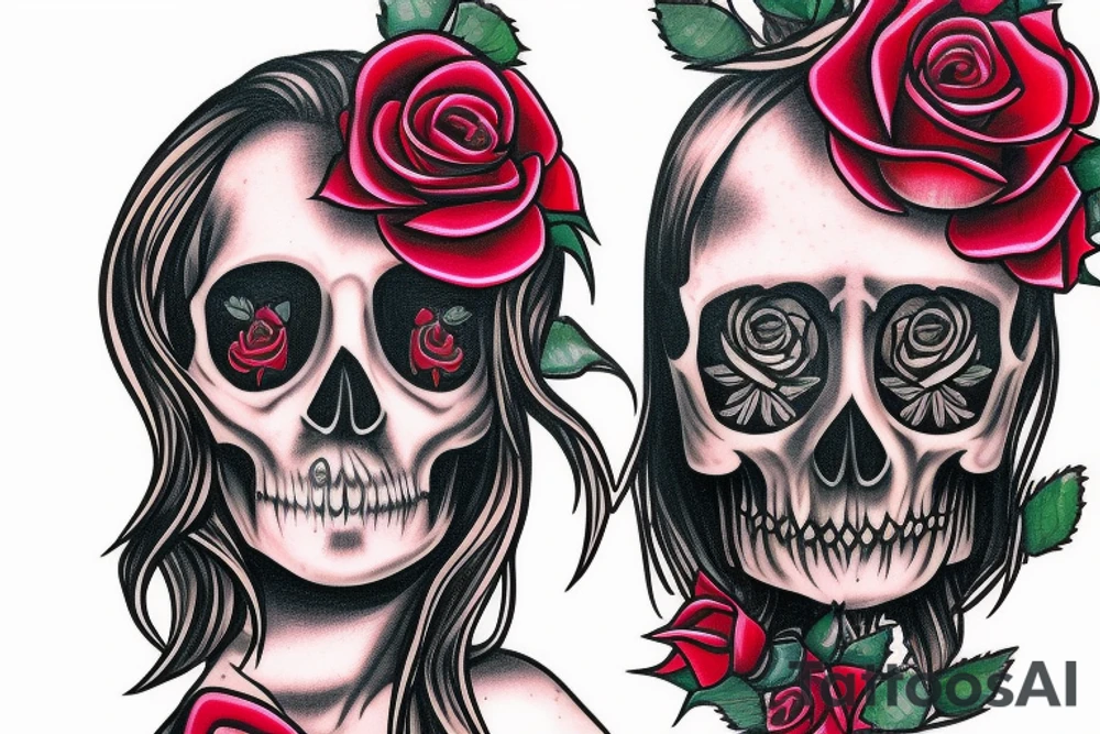 Santa Muertos beautiful blonde girl fase with rose in heir  and skull in hand tattoo idea