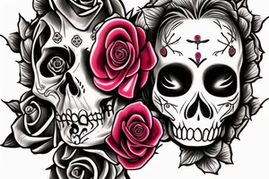 Santa Muertos beautiful blonde girl fase with rose in heir  and skull in hand tattoo idea