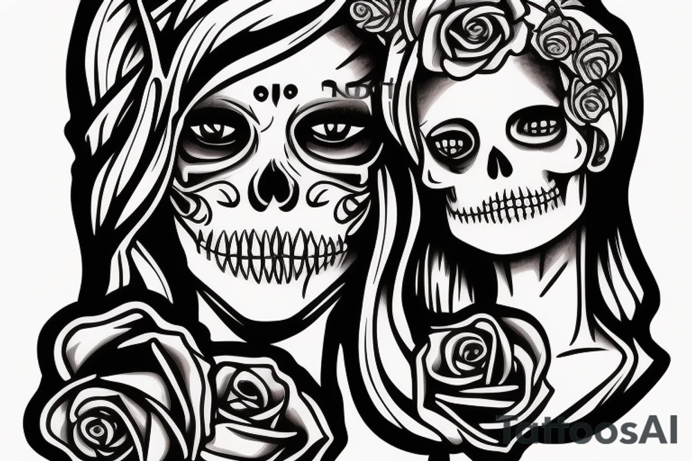 Santa Muertos beautiful blonde girl fase with rose in heir  and skull in hand tattoo idea