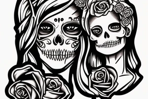 Santa Muertos beautiful blonde girl fase with rose in heir  and skull in hand tattoo idea