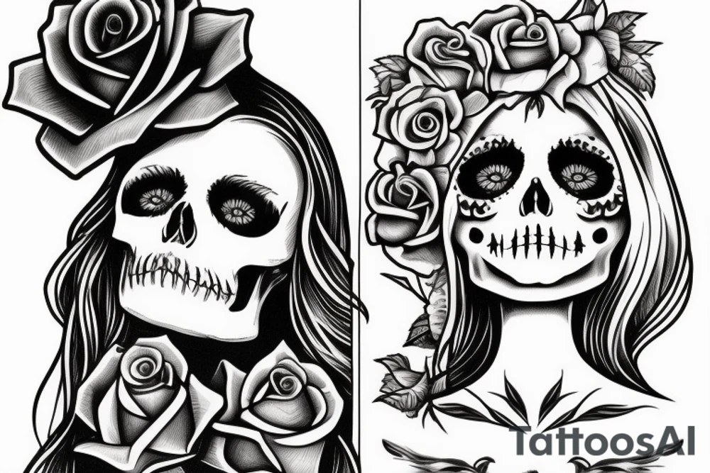 Santa Muertos beautiful blonde girl fase with rose in heir  and skull in hand tattoo idea