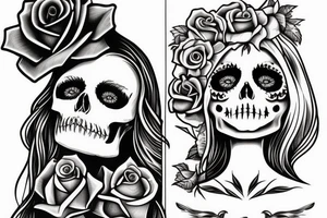 Santa Muertos beautiful blonde girl fase with rose in heir  and skull in hand tattoo idea