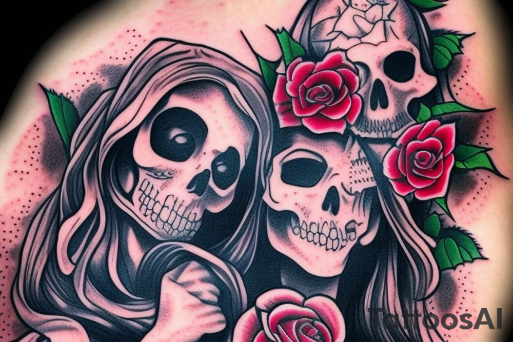 Santa Muertos beautiful blonde girl fase with rose in heir  and skull in hand tattoo idea