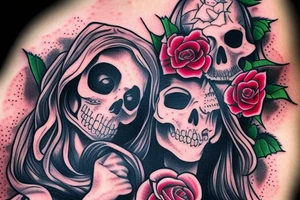 Santa Muertos beautiful blonde girl fase with rose in heir  and skull in hand tattoo idea