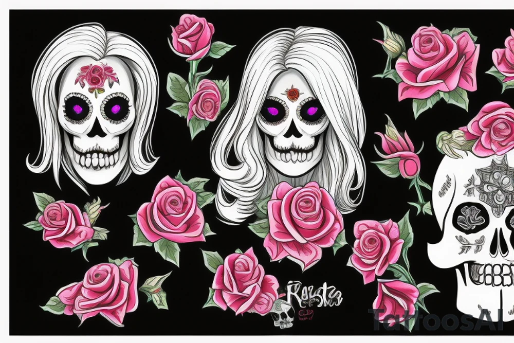 Santa Muertos beautiful blonde girl fase with rose in heir  and skull in hand tattoo idea
