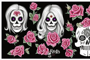 Santa Muertos beautiful blonde girl fase with rose in heir  and skull in hand tattoo idea