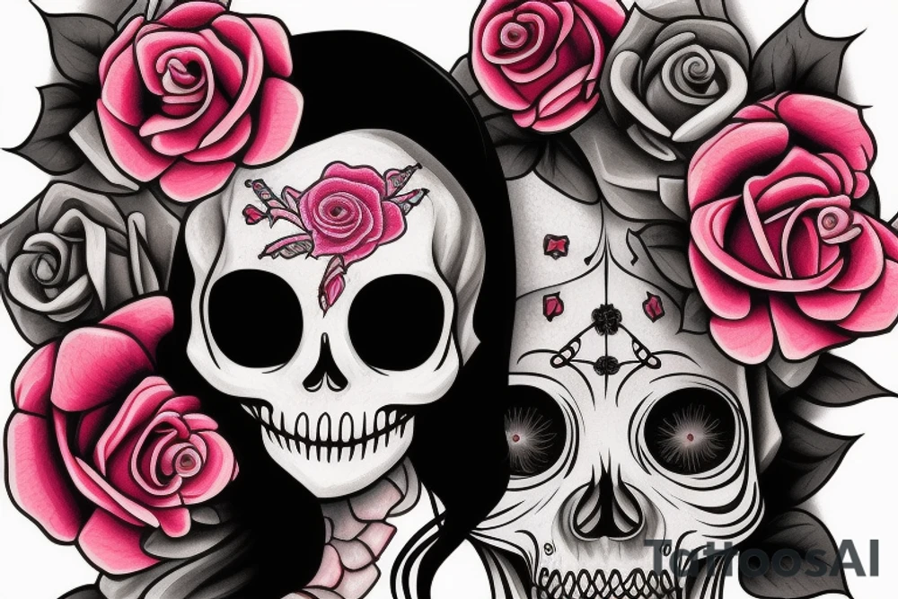 Santa Muertos beautiful blonde girl fase with rose in heir  and skull in hand tattoo idea