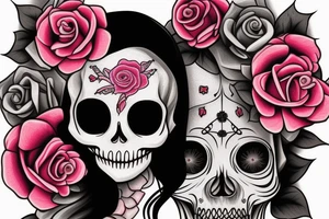 Santa Muertos beautiful blonde girl fase with rose in heir  and skull in hand tattoo idea