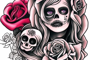 Santa Muertos beautiful blonde girl fase with rose in heir  and skull in hand tattoo idea