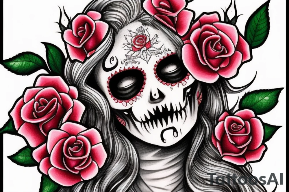 santa muerte beautiful girls face with blonde hair and rose in it tattoo idea