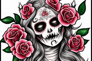 santa muerte beautiful girls face with blonde hair and rose in it tattoo idea