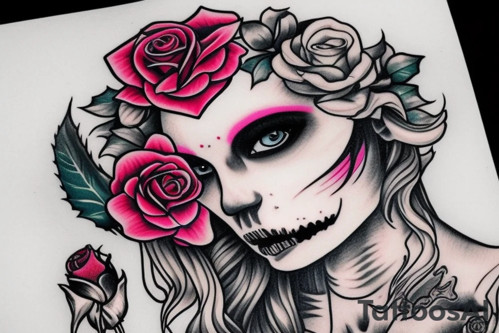 santa muerte beautiful girls face with blonde hair and rose in it tattoo idea