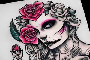 santa muerte beautiful girls face with blonde hair and rose in it tattoo idea