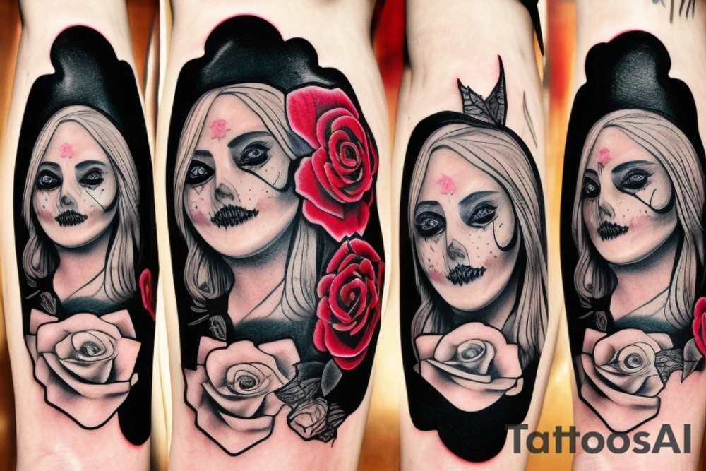 santa muerte beautiful girls face with blonde hair and a rose in it tattoo idea