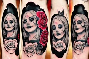 santa muerte beautiful girls face with blonde hair and a rose in it tattoo idea