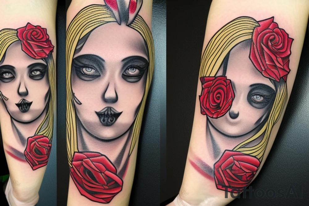 santa muerte beautiful girls face with blonde hair and a rose in it tattoo idea