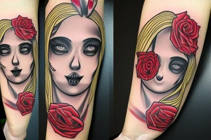 santa muerte beautiful girls face with blonde hair and a rose in it tattoo idea