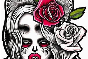 escise beautiful girls face in santa muerte style with blonde hair and a rose in it tattoo idea